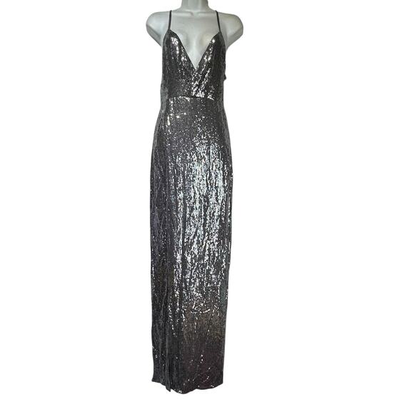 Réve Riche Sequin Gown Silver Maxi Dress Spaghetti Strap Slit Glam Formal Sz 38 - Picture 1 of 9